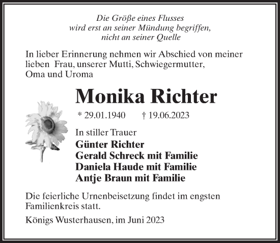 Traueranzeige von Monika Richter von Märkischen Allgemeine Zeitung