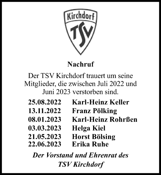 Traueranzeige von Nachruf TSV Kirchdorf von Hannoversche Allgemeine Zeitung/Neue Presse