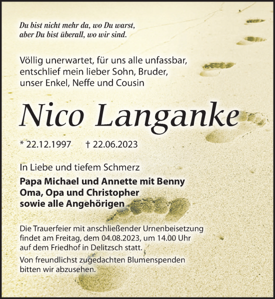 Traueranzeige von Nico Langanke von Leipziger Volkszeitung