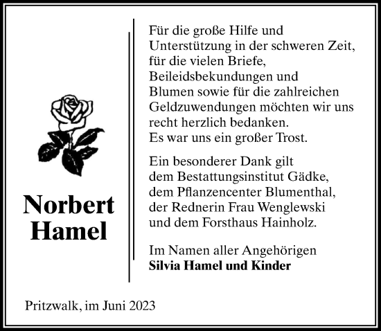 Traueranzeige von Norbert Hamel von Wochenspiegel
