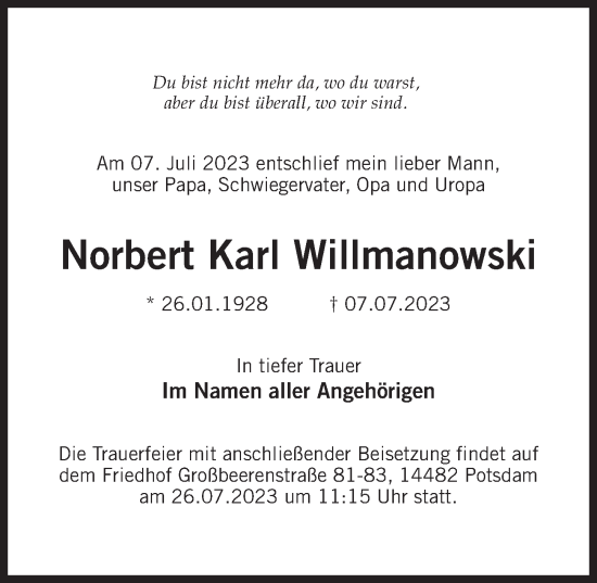 Traueranzeige von Norbert Karl Willmanowski von Märkischen Allgemeine Zeitung