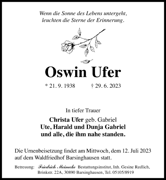 Traueranzeige von Oswin Ufer von Hannoversche Allgemeine Zeitung/Neue Presse