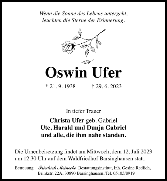 Traueranzeige von Oswin Ufer von Hannoversche Allgemeine Zeitung/Neue Presse