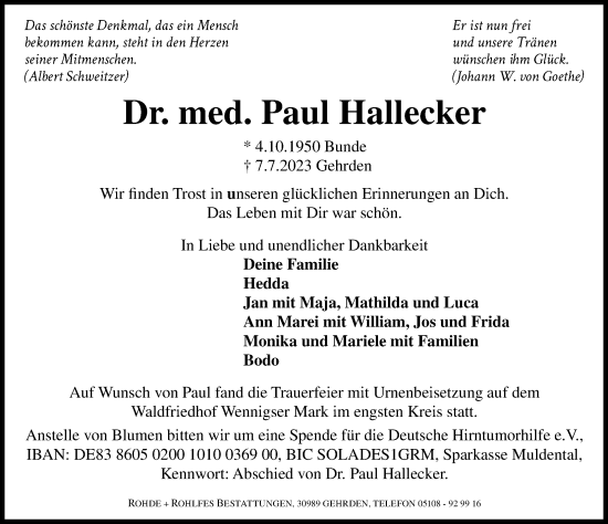 Traueranzeige von Paul Hallecker von Hannoversche Allgemeine Zeitung/Neue Presse