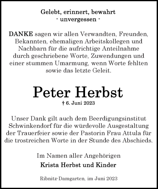 Traueranzeige von Peter Herbst von Ostsee-Zeitung GmbH