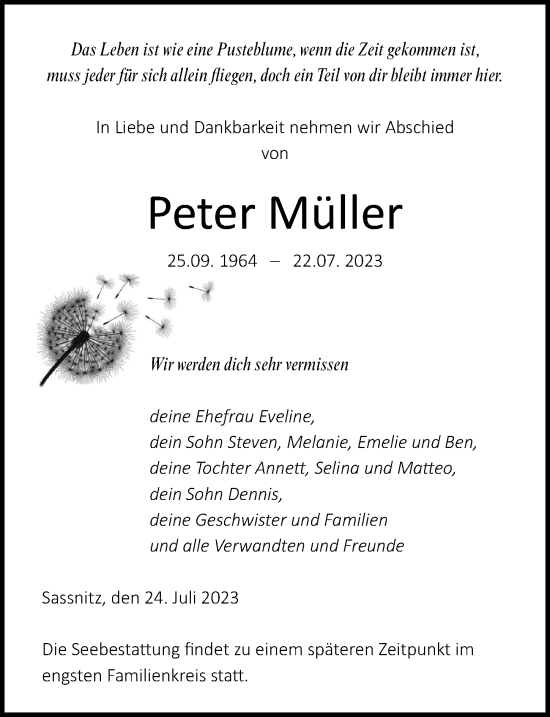Traueranzeige von Peter Müller von Ostsee-Zeitung GmbH
