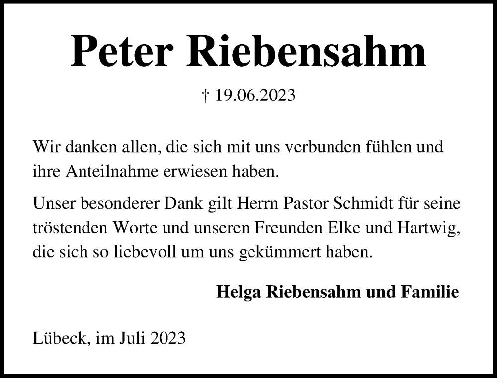  Traueranzeige für Peter Riebensahm vom 09.07.2023 aus Lübecker Nachrichten