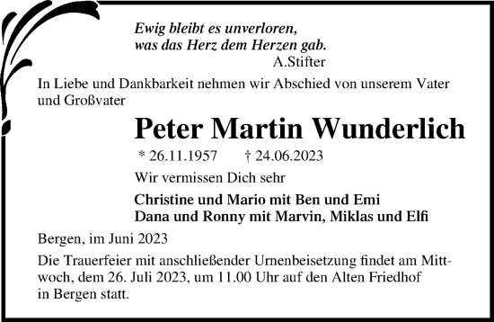 Traueranzeige von Peter Martin Wunderlich von Ostsee-Zeitung GmbH