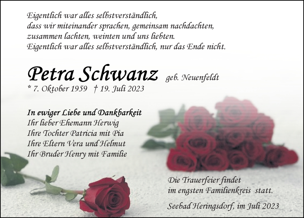  Traueranzeige für Petra Schwanz vom 22.07.2023 aus Ostsee-Zeitung GmbH