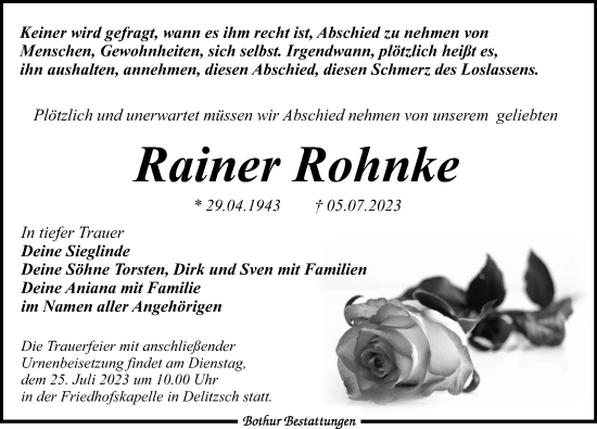 Traueranzeige von Rainer Rohnke von Leipziger Volkszeitung