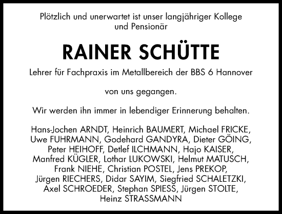 Traueranzeige von Rainer Schütte von Hannoversche Allgemeine Zeitung/Neue Presse