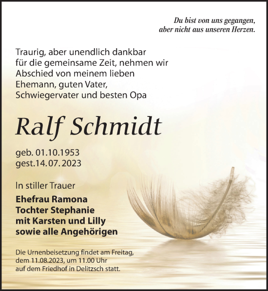 Traueranzeige von Ralf Schmidt von Leipziger Volkszeitung