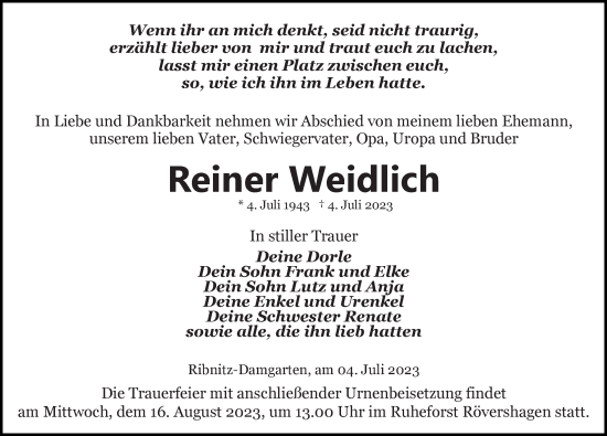 Traueranzeige von Reiner Weidlich von Ostsee-Zeitung GmbH