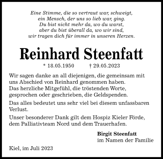 Traueranzeige von Reinhard Steenfatt von Kieler Nachrichten