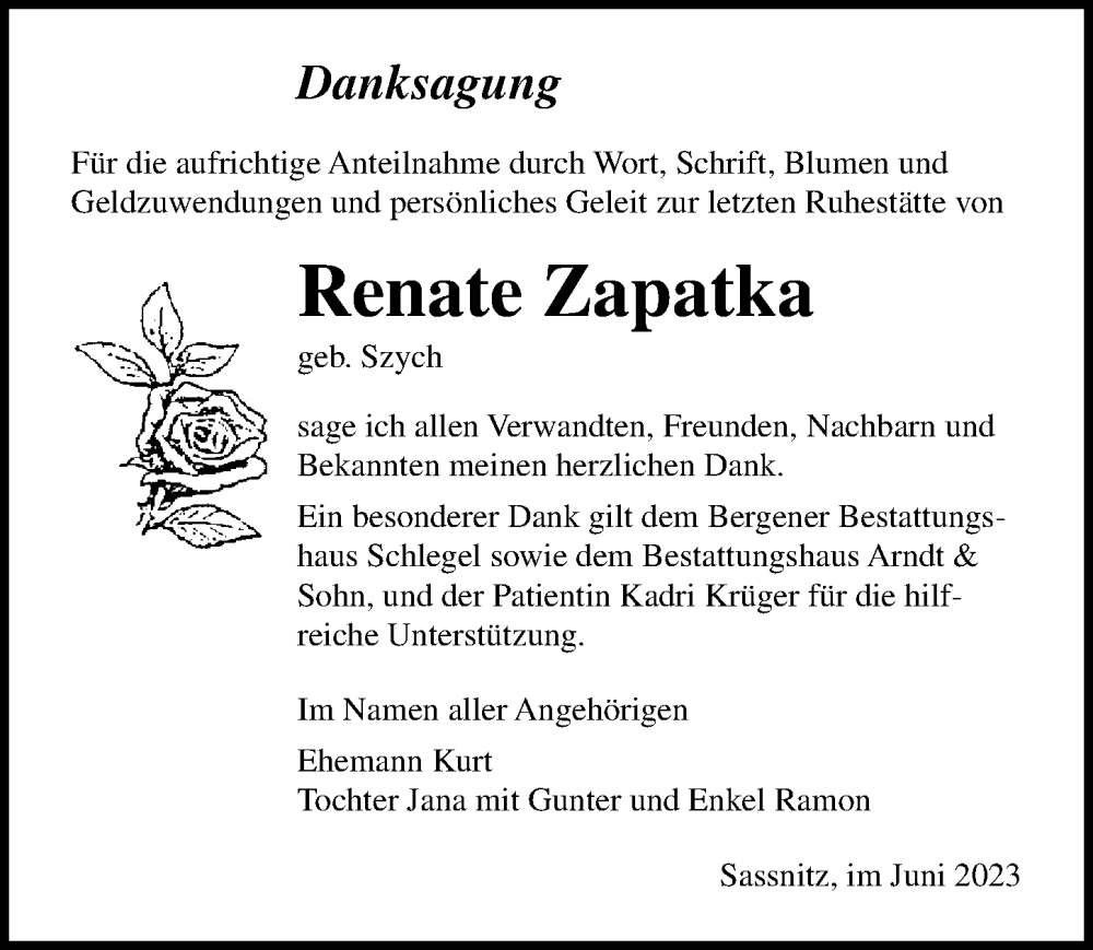  Traueranzeige für Renate Zapatka vom 15.07.2023 aus Ostsee-Zeitung GmbH