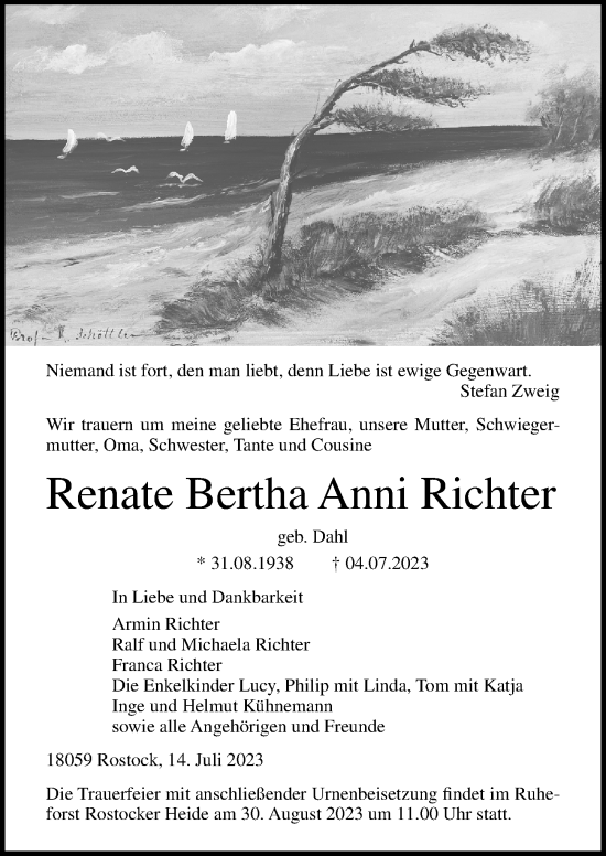 Traueranzeige von Renate Bertha Anni Richter von Ostsee-Zeitung GmbH