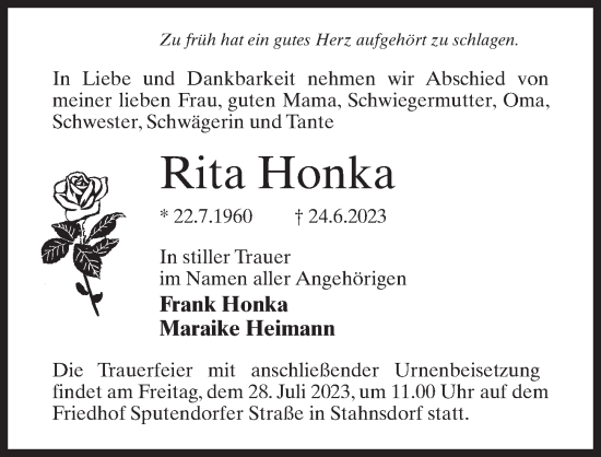 Traueranzeige von Rita Honka von Märkischen Allgemeine Zeitung