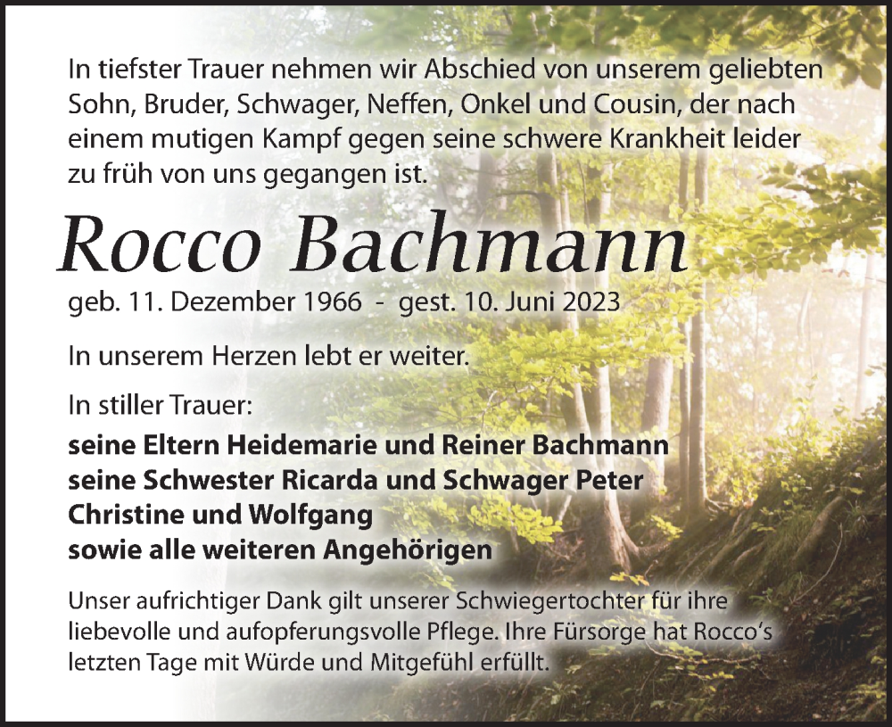  Traueranzeige für Rocco Bachmann vom 01.07.2023 aus Leipziger Volkszeitung