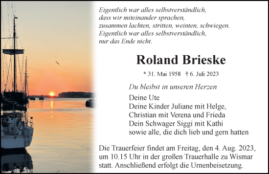 Traueranzeige von Roland Brieske von Ostsee-Zeitung GmbH
