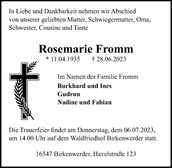 Traueranzeige von Rosemarie Fromm von Märkischen Allgemeine Zeitung
