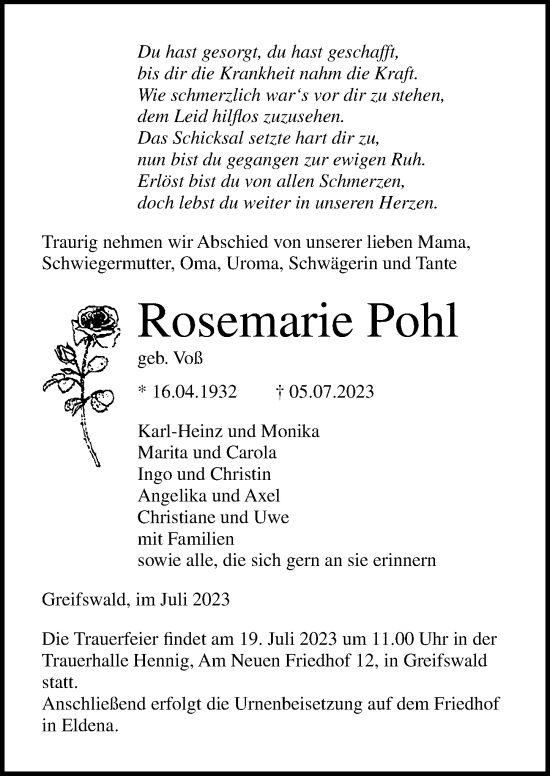 Traueranzeige von Rosemarie Pohl von Ostsee-Zeitung GmbH