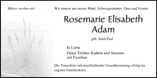 Traueranzeige von Rosemarie Elisabeth Adam von Ostsee-Zeitung GmbH