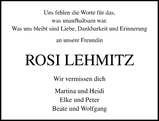 Traueranzeige von Rosi Lehmitz von Ostsee-Zeitung GmbH