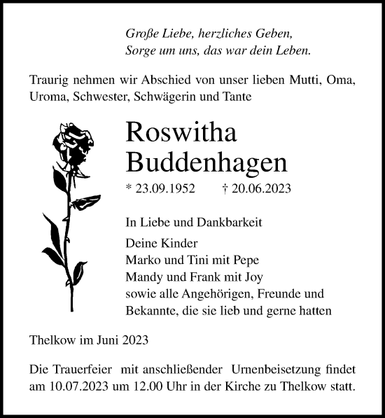 Traueranzeige von Roswitha Buddenhagen von Ostsee-Zeitung GmbH