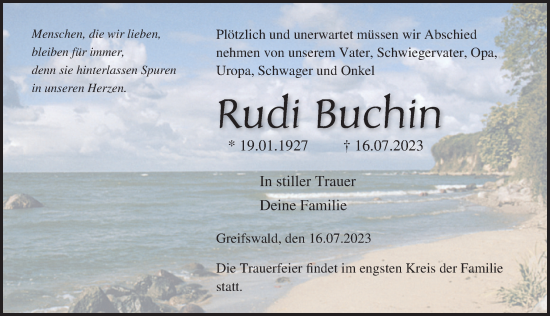 Traueranzeige von Rudi Buchin von Ostsee-Zeitung GmbH