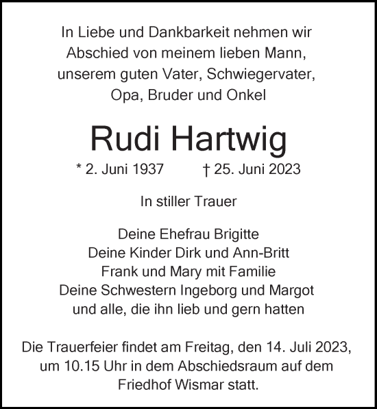 Traueranzeige von Rudi Hartwig von Ostsee-Zeitung GmbH