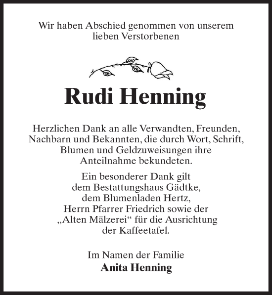 Traueranzeige von Rudi Henning von Märkischen Allgemeine Zeitung