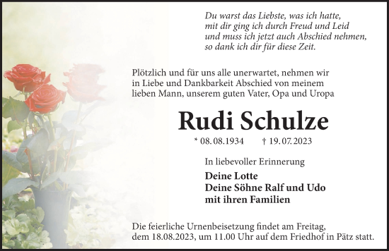 Traueranzeige von Rudi Schulze von Märkischen Allgemeine Zeitung