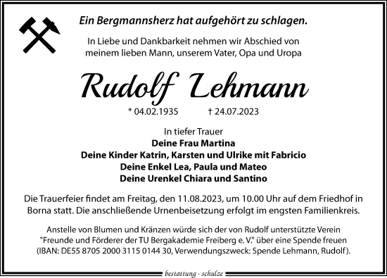 Traueranzeige von Rudolf Lehmann von Leipziger Volkszeitung