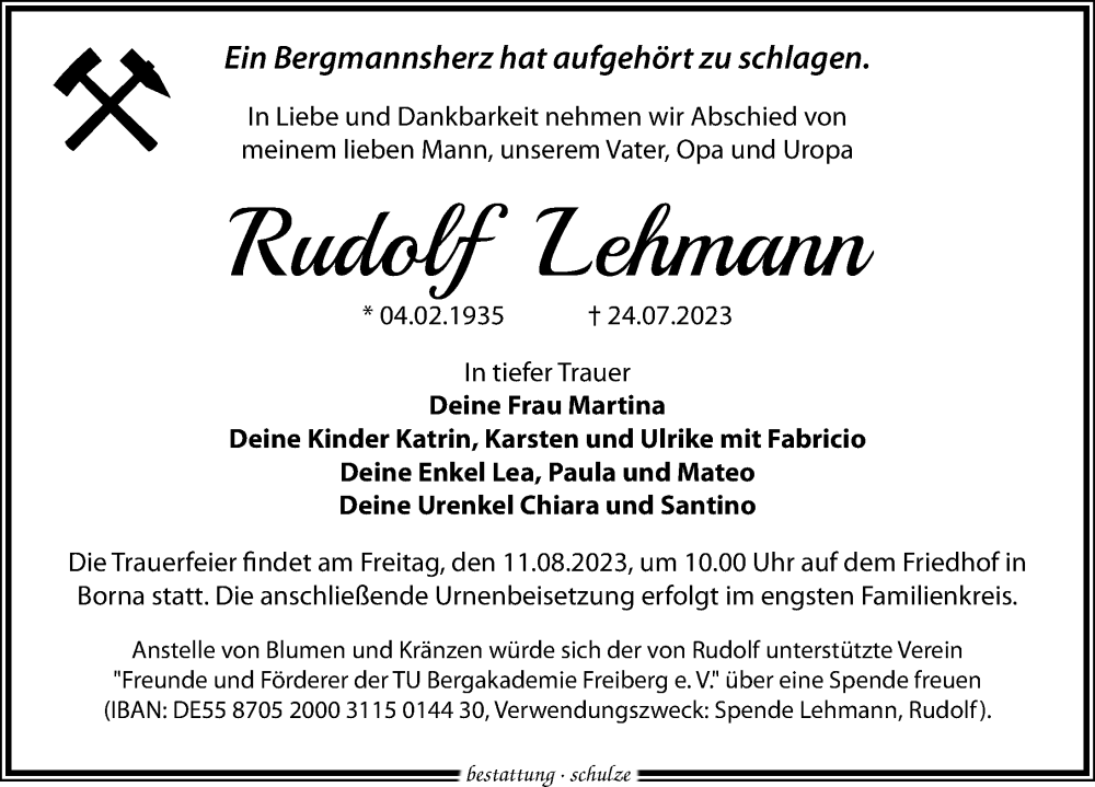  Traueranzeige für Rudolf Lehmann vom 29.07.2023 aus Leipziger Volkszeitung