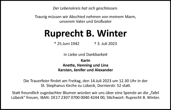 Traueranzeige von Ruprecht  Winter von Lübecker Nachrichten