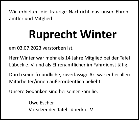 Traueranzeige von Ruprecht  Winter von Lübecker Nachrichten