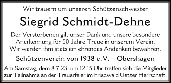 Traueranzeige von Siegrid Schmidt-Dehne von Hannoversche Allgemeine Zeitung/Neue Presse