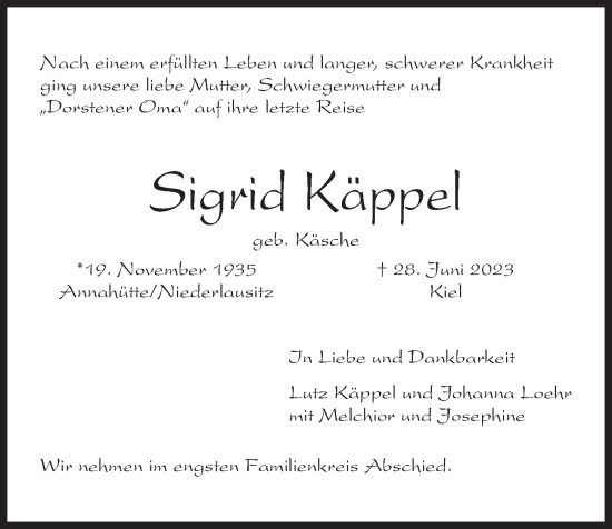 Traueranzeige von Sigrid Käppel von Kieler Nachrichten