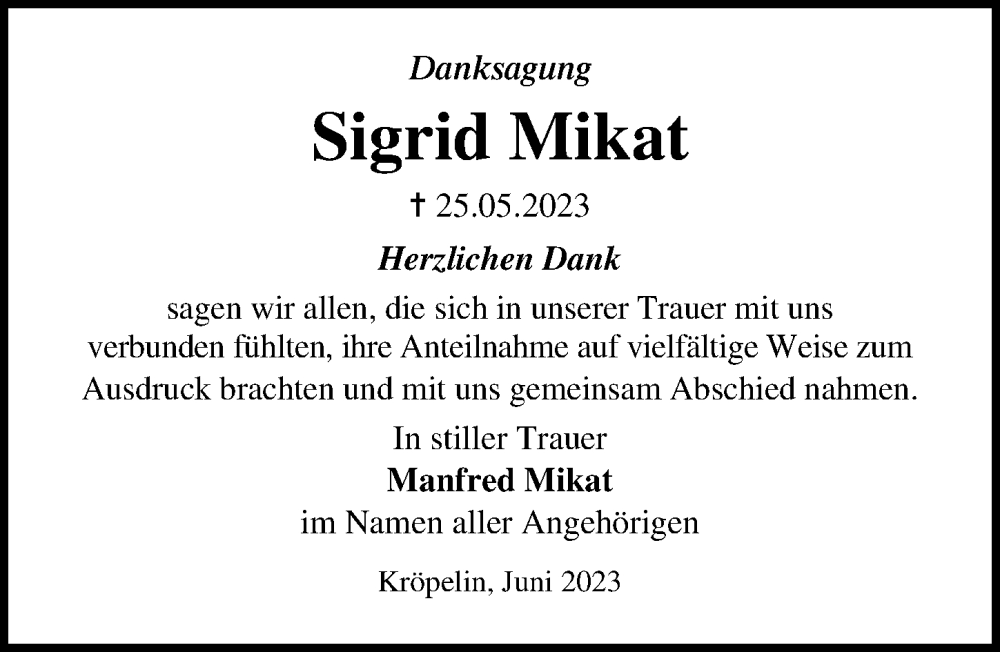  Traueranzeige für Sigrid Mikat vom 01.07.2023 aus Ostsee-Zeitung GmbH