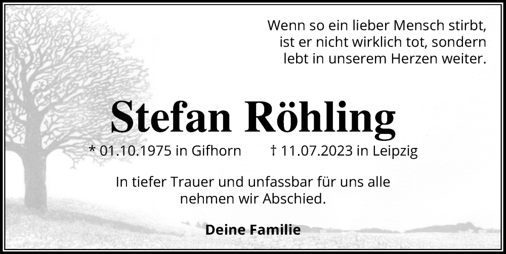  Traueranzeige für Stefan Röhling vom 22.07.2023 aus Aller Zeitung