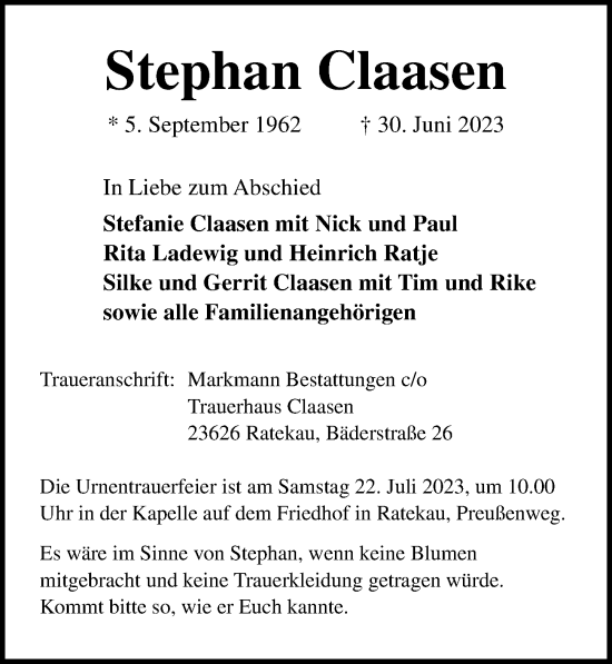 Traueranzeige von Stephan Claasen von Lübecker Nachrichten