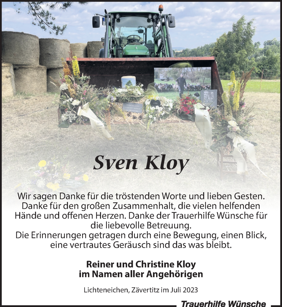  Traueranzeige für Sven Kloy vom 15.07.2023 aus Leipziger Volkszeitung