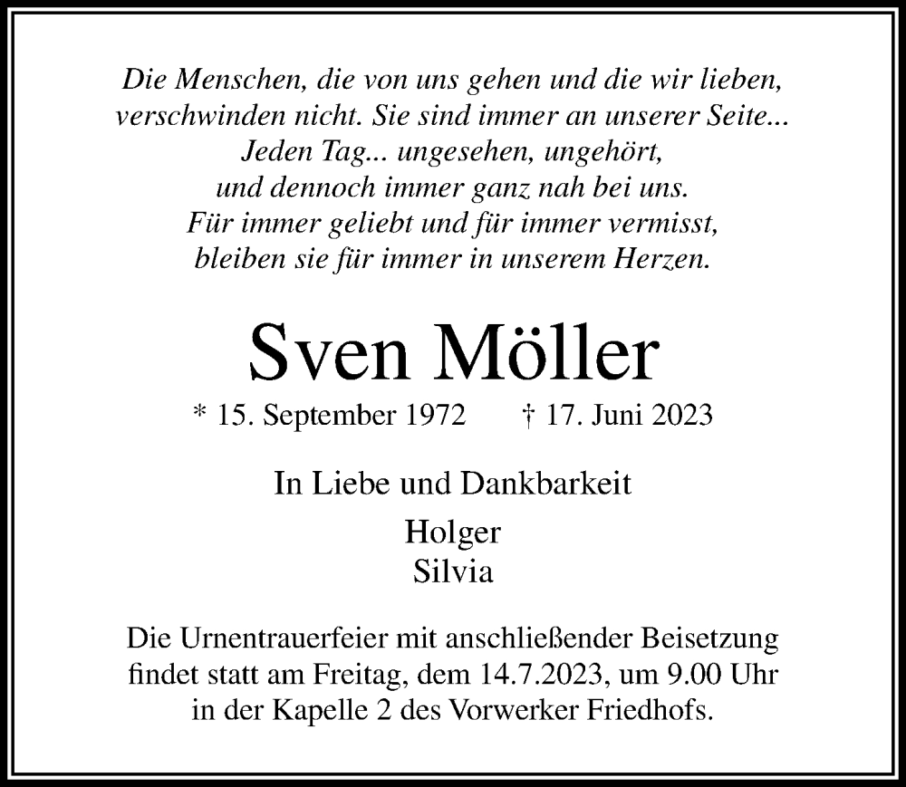  Traueranzeige für Sven Möller vom 02.07.2023 aus Lübecker Nachrichten