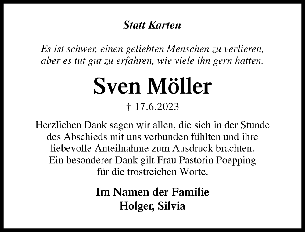  Traueranzeige für Sven Möller vom 23.07.2023 aus Lübecker Nachrichten