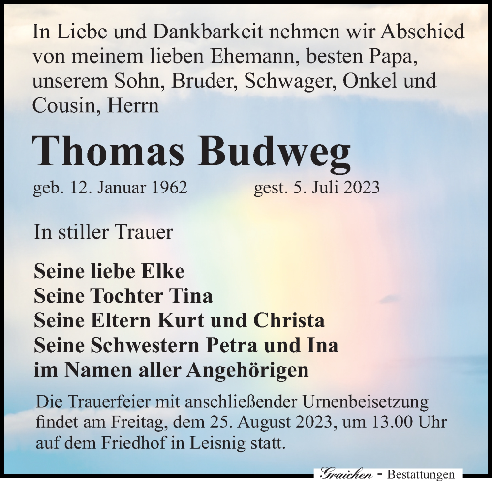  Traueranzeige für Thomas Budweg vom 15.07.2023 aus Leipziger Volkszeitung