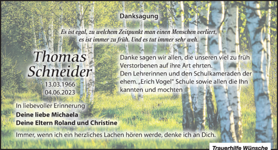 Traueranzeige von Thomas Schneider von Leipziger Volkszeitung