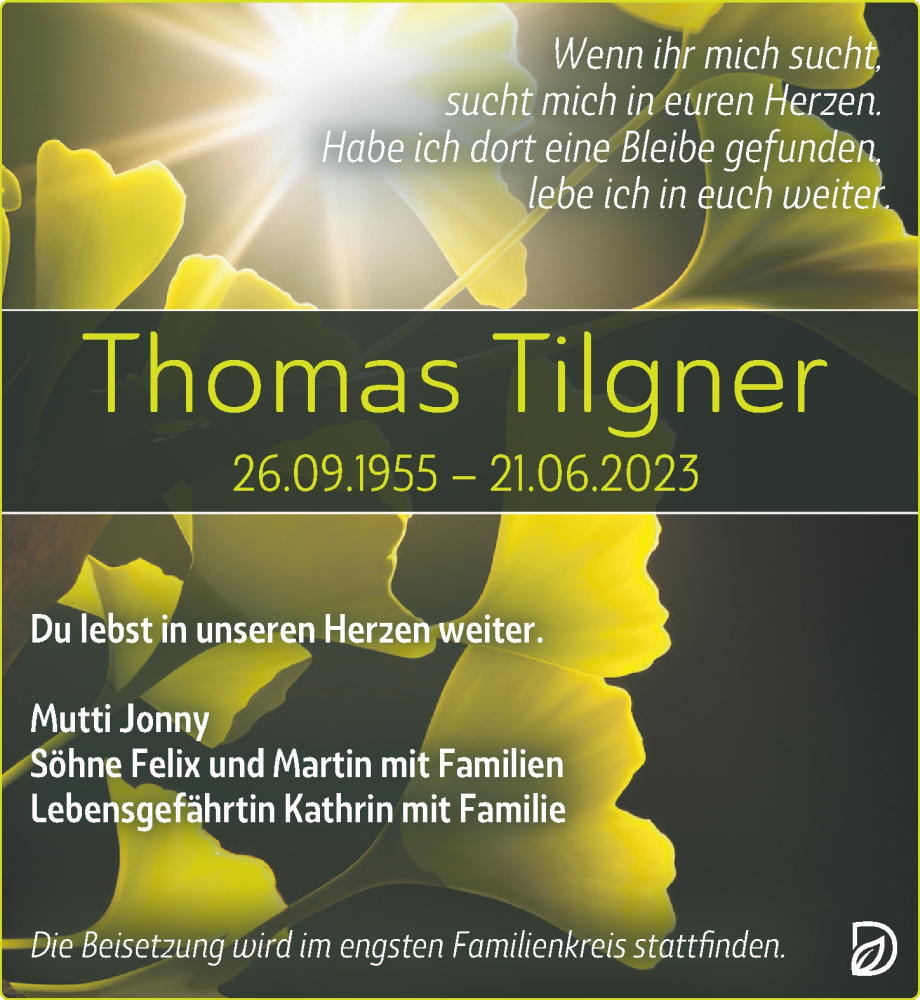  Traueranzeige für Thomas Tilgner vom 22.07.2023 aus Leipziger Volkszeitung