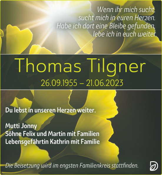 Traueranzeige von Thomas Tilgner von Leipziger Volkszeitung