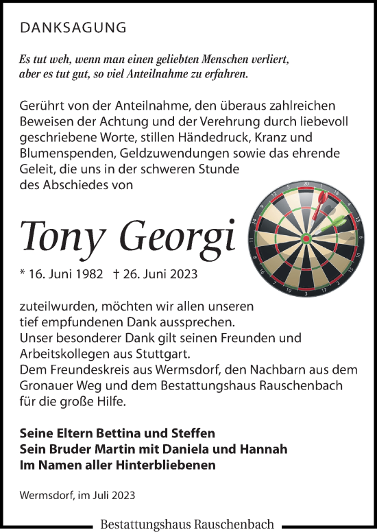 Traueranzeige von Tony Georgi von Leipziger Volkszeitung
