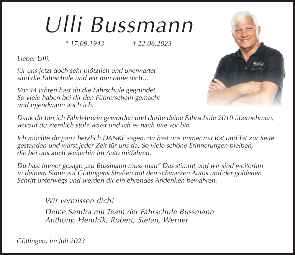  Traueranzeige für Ulli Bussmann vom 01.07.2023 aus Göttinger Tageblatt